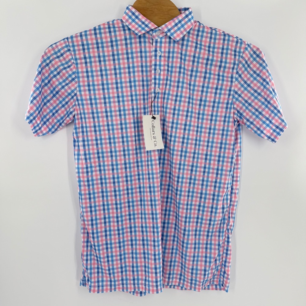 Collars & Co Mens‎ Large Gingham Polo Shirt Pink Blue Short Sleeve Collar NWT